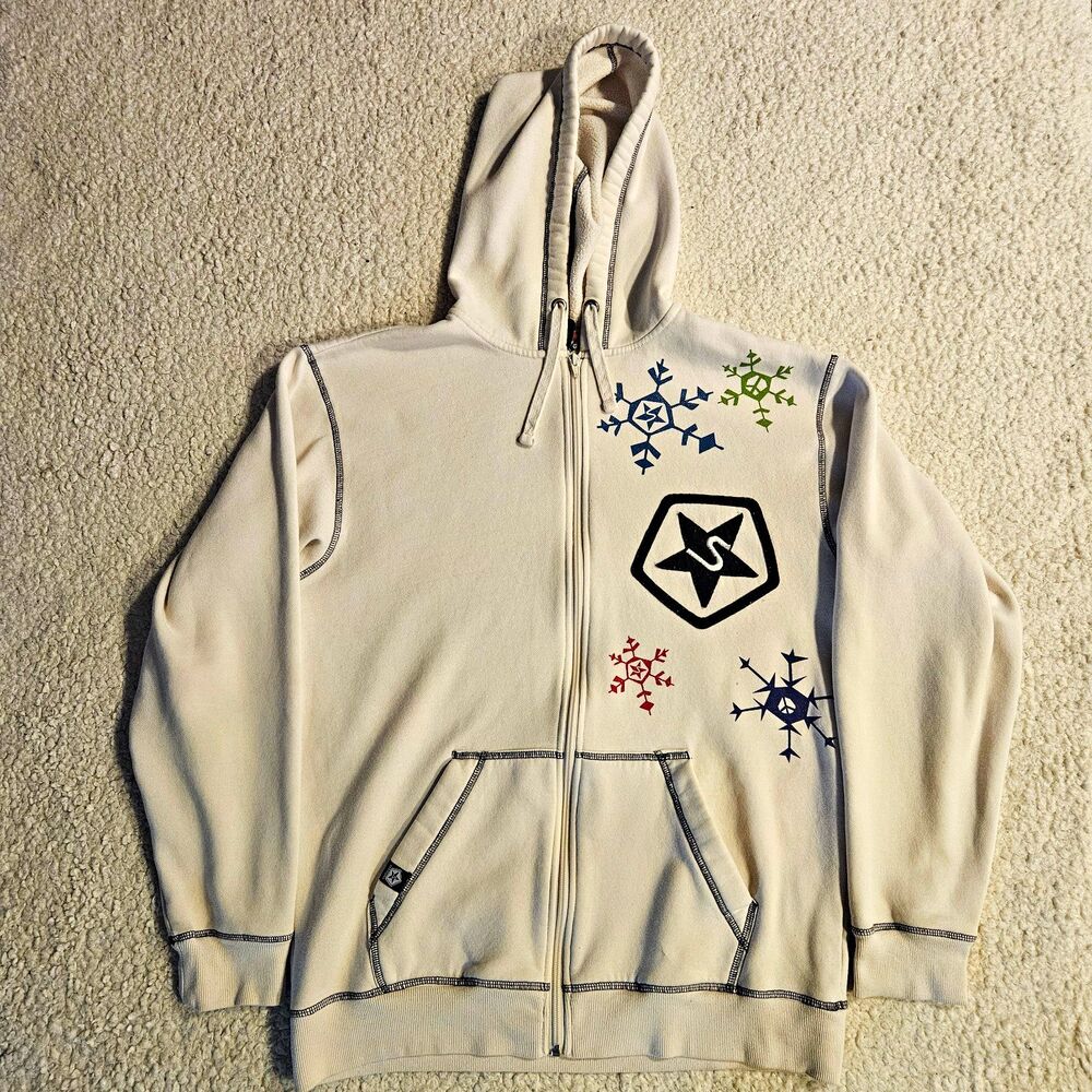 Vintage Sessions Y2K Snowboard Full Zip Hoodie Cream Size L Skate Embroidered